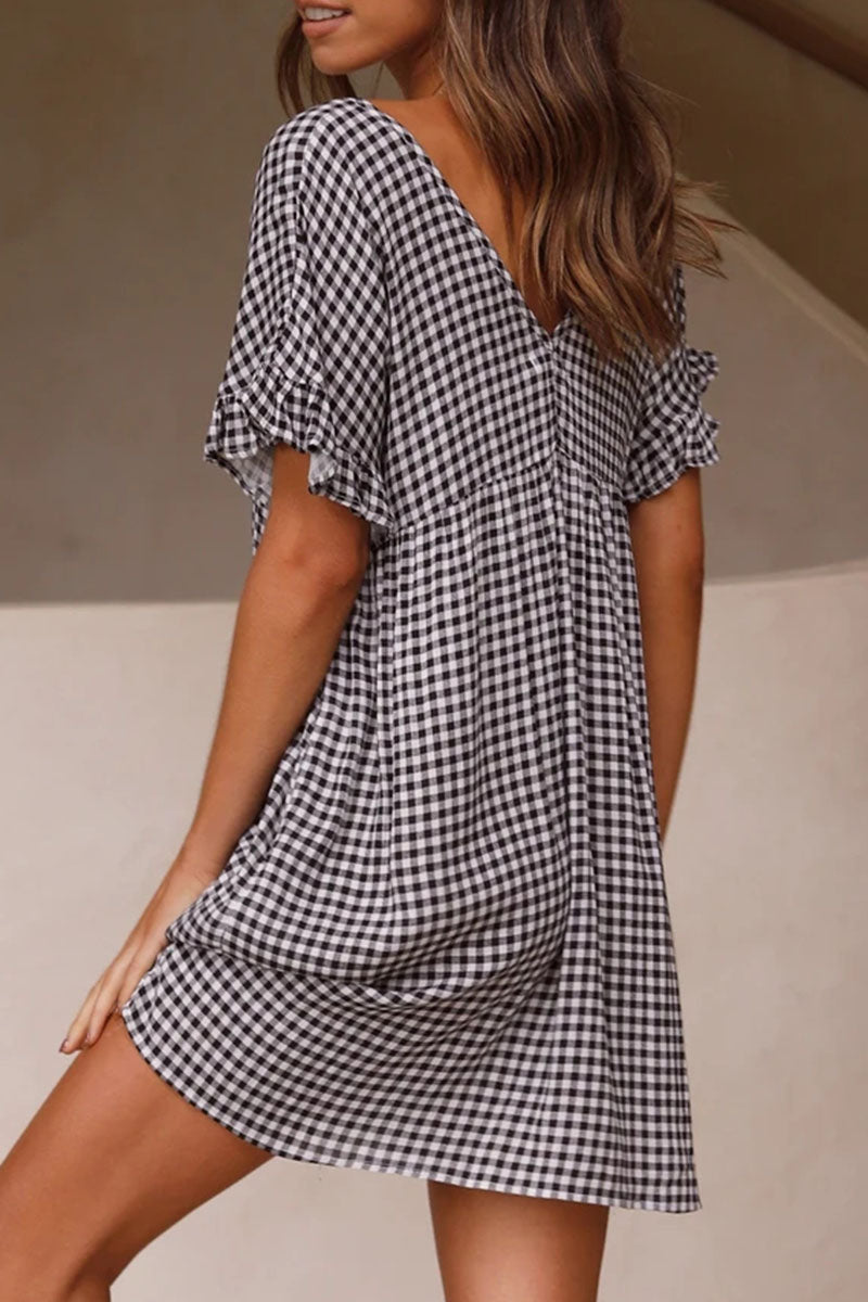 Fashion Sweet Plaid Split Joint V Neck Princess Dresses