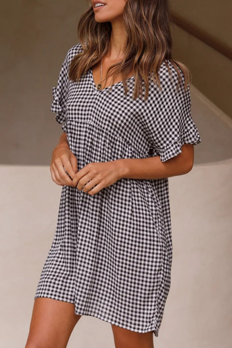 Fashion Sweet Plaid Split Joint V Neck Princess Dresses