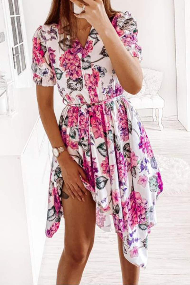 Fashion Elegant Floral Frenulum V Neck Irregular Dresses(3 Colors)