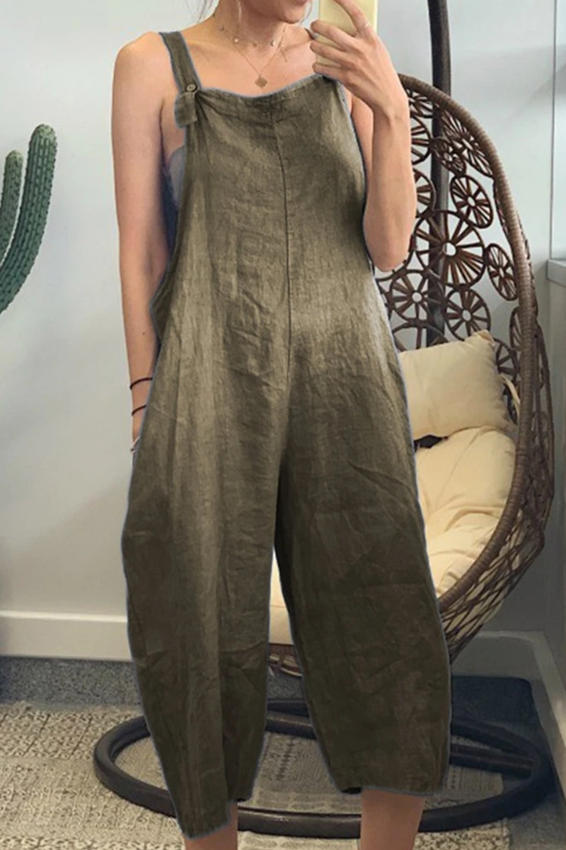 Casual Solid Buttons Capris Square Collar Loose Jumpsuits