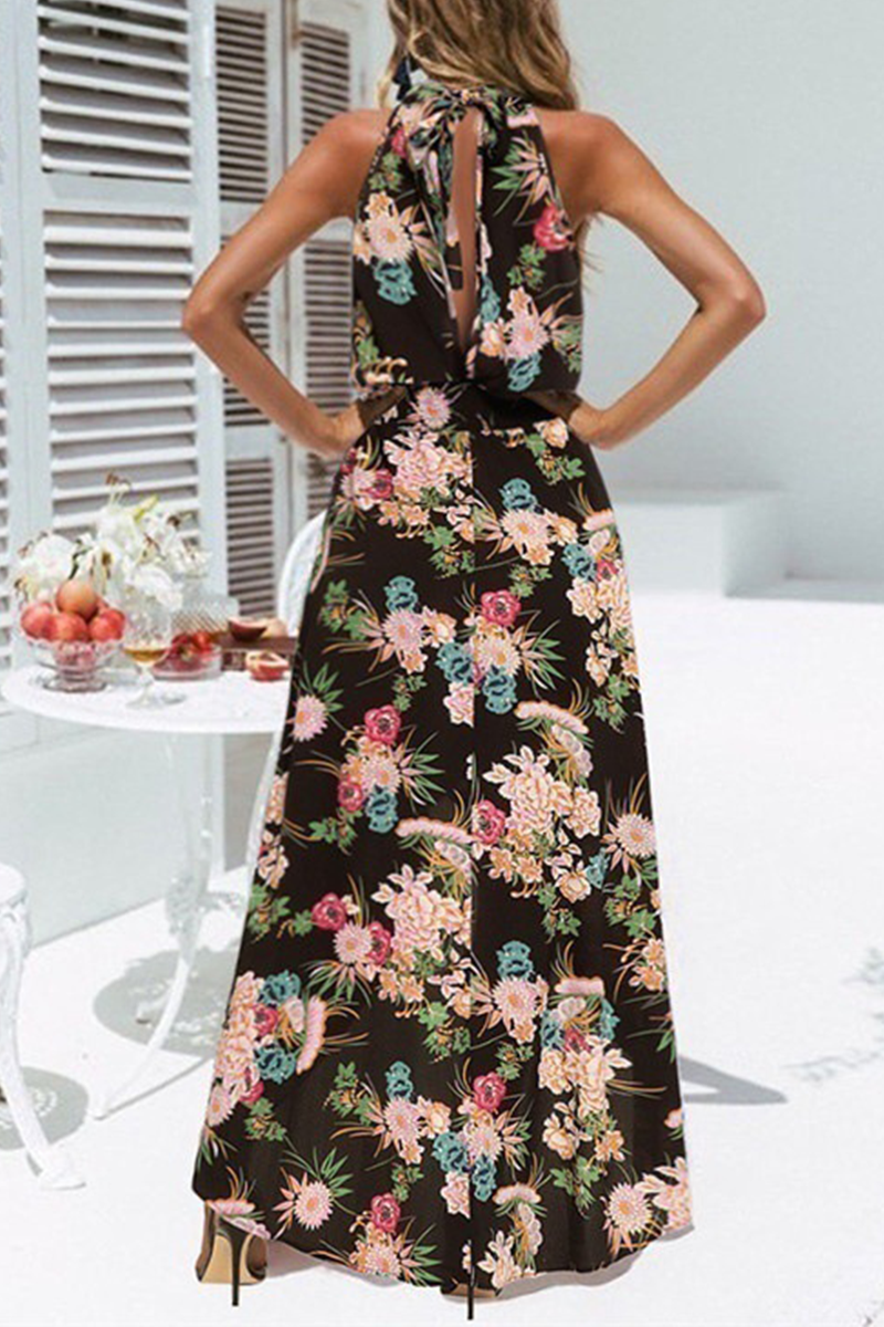 Fashion Elegant Floral Hollowed Out Frenulum Halter Irregular Dress Dresses