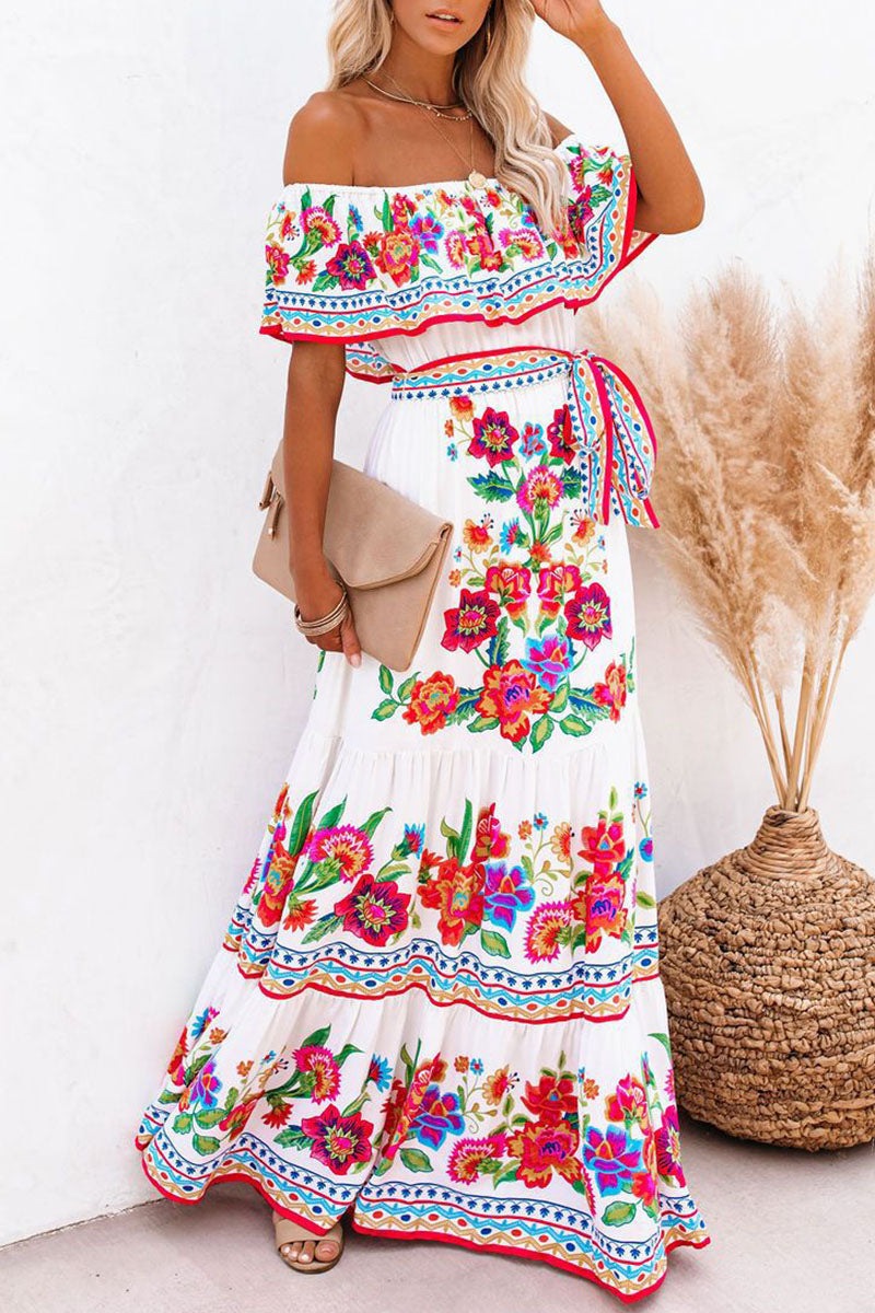 Fashion Vintage Print Patchwork Off the Shoulder A Line Dresses