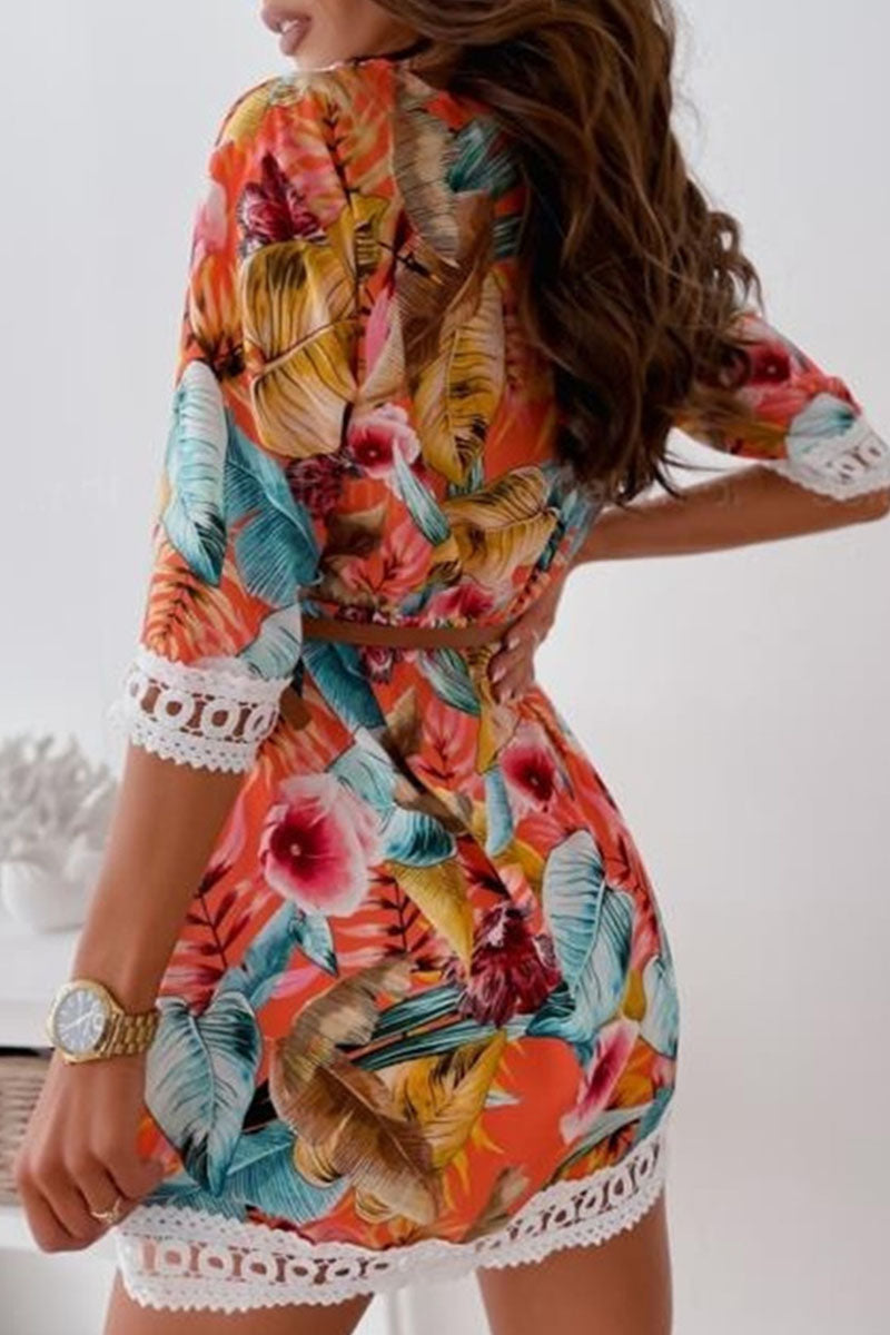 Fashion Sweet Print Patchwork V Neck A Line Dresses