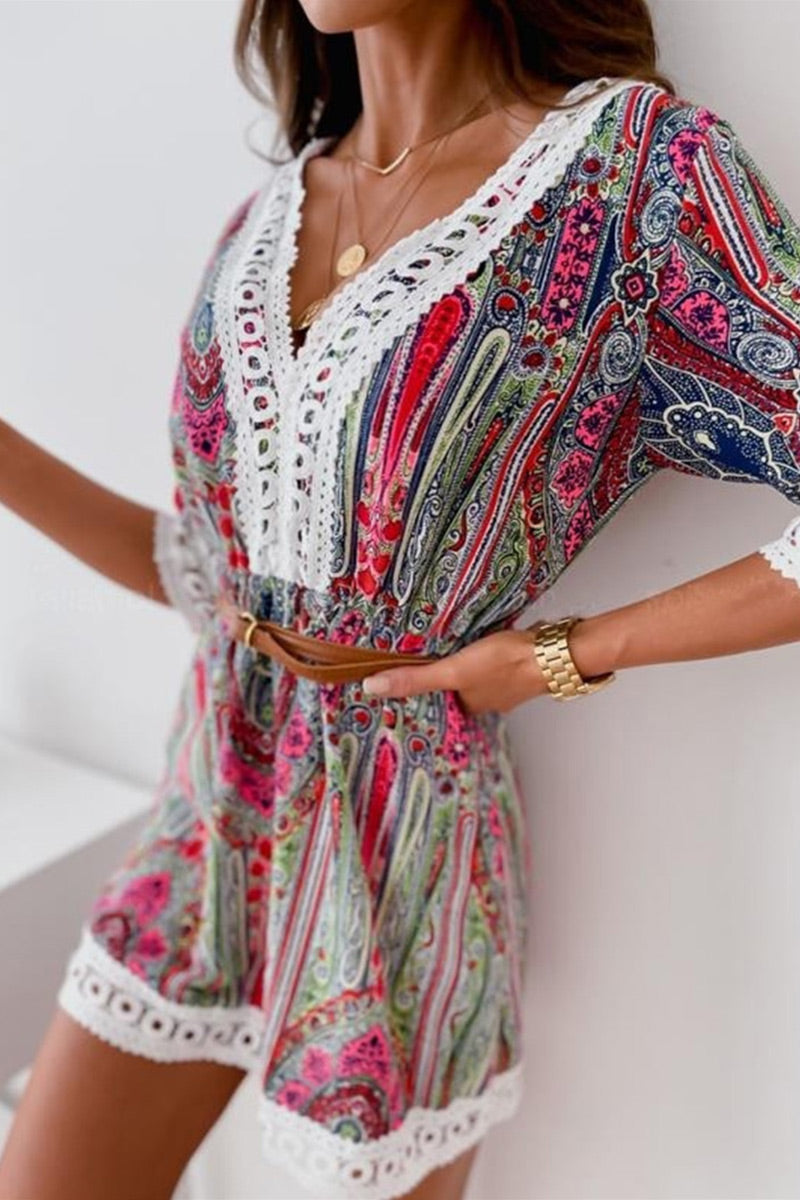 Fashion Sweet Print Patchwork V Neck A Line Dresses