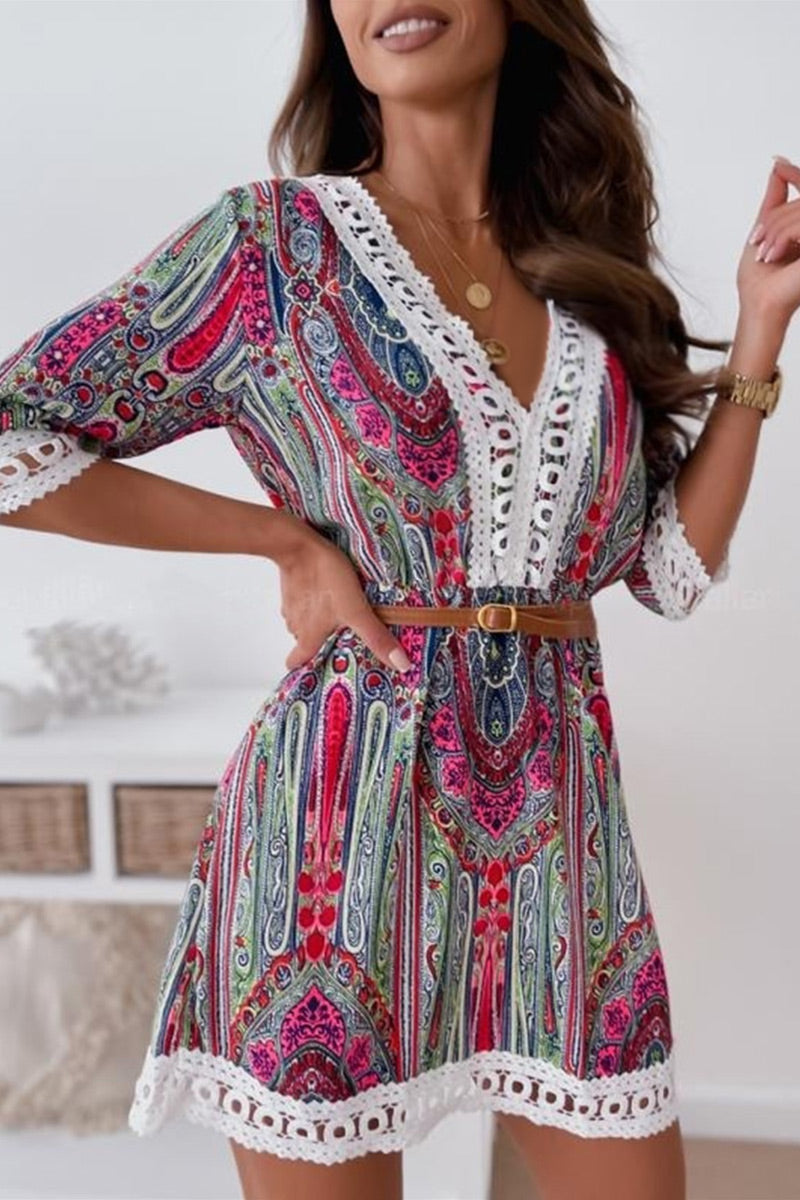 Fashion Sweet Print Patchwork V Neck A Line Dresses