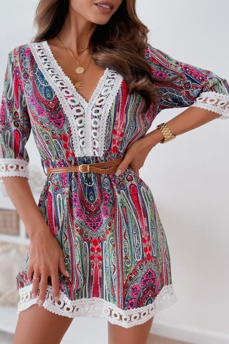 Fashion Sweet Print Patchwork V Neck A Line Dresses