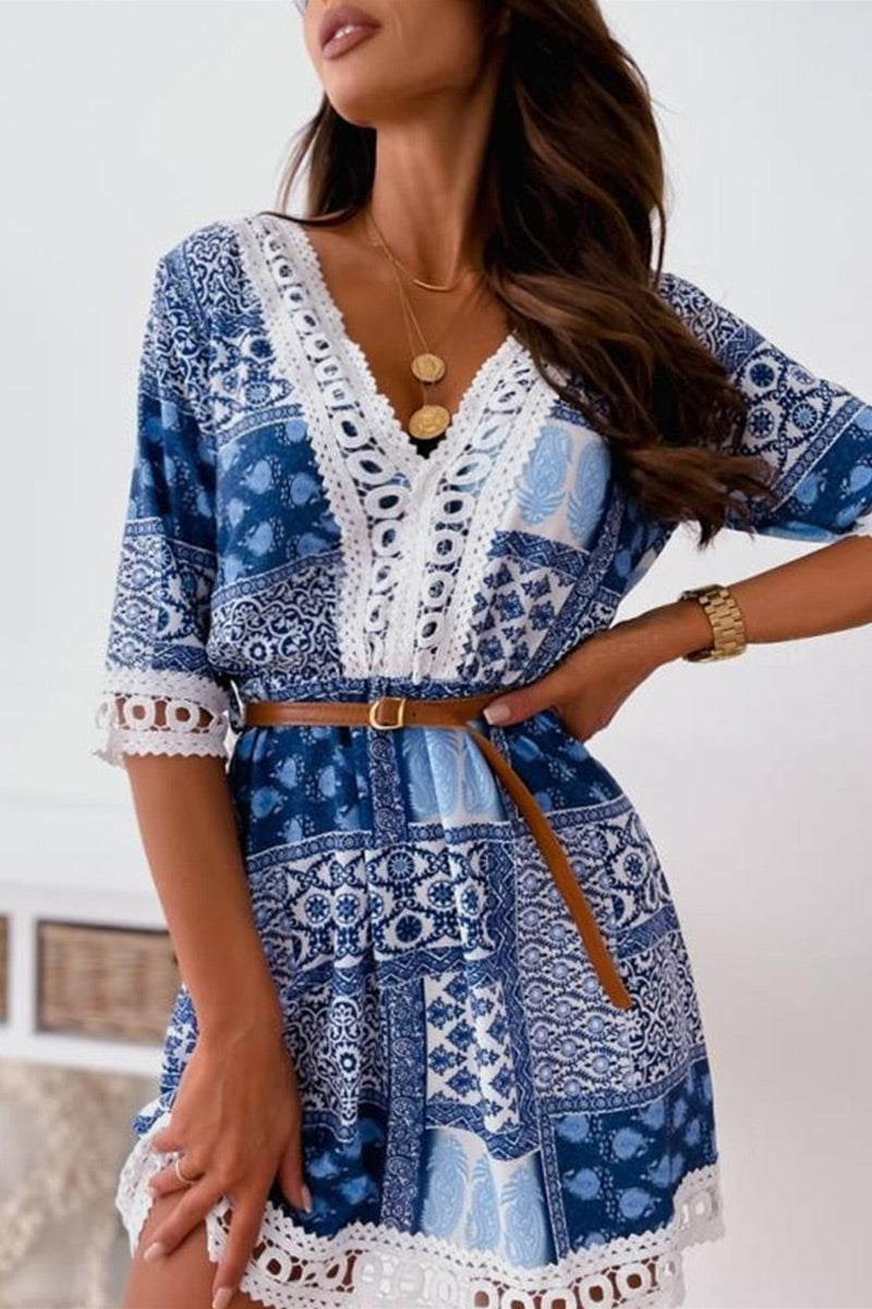 Fashion Sweet Print Patchwork V Neck A Line Dresses