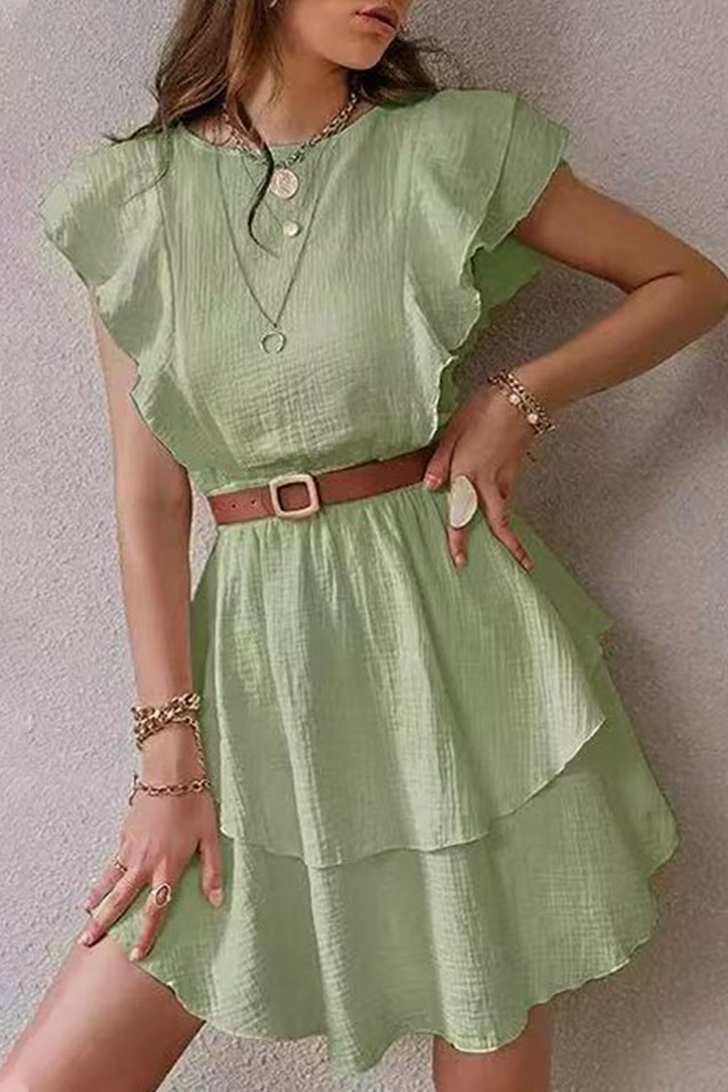 Fashion Elegant Solid Flounce Without Belt O Neck A Line Dresses