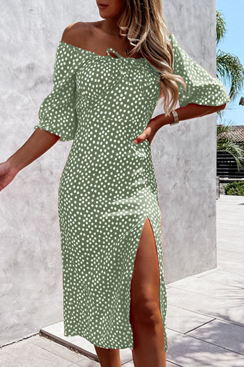 Fashion Elegant Polka Dot Frenulum Slit Off the Shoulder Dresses