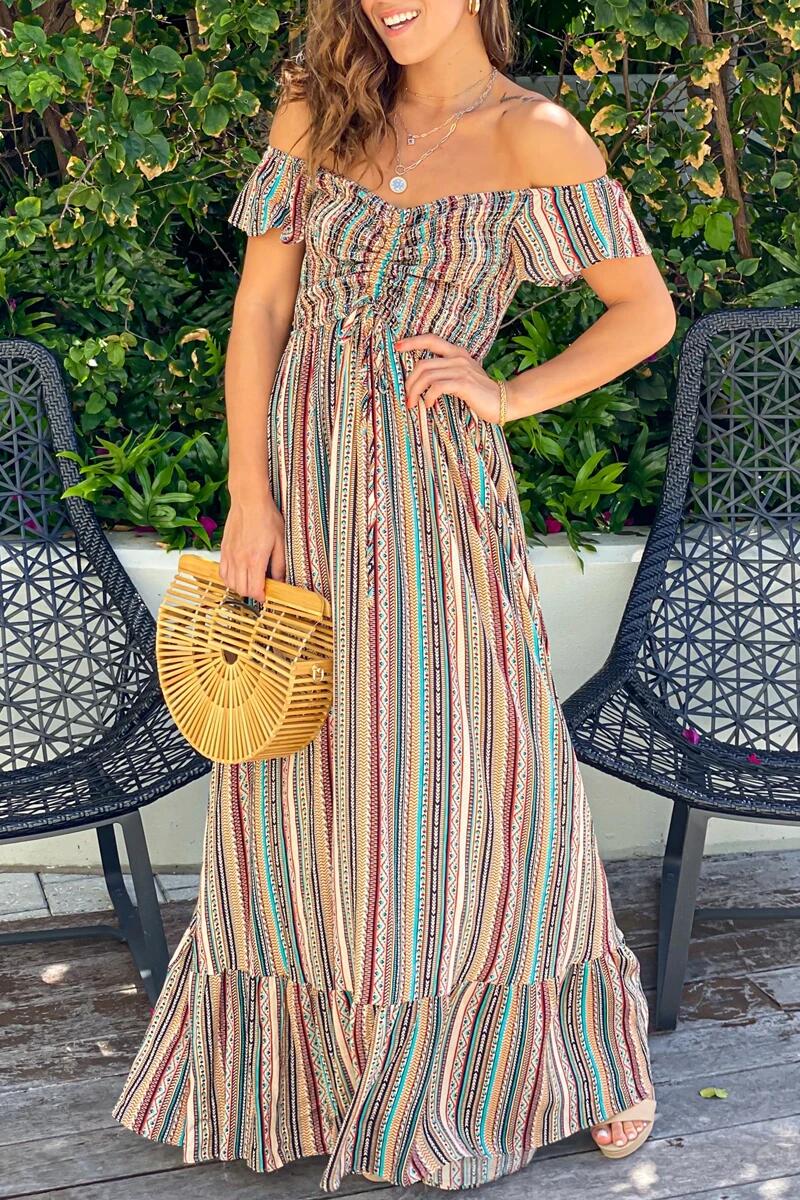 Bohemian Striped Patchwork Flounce Off the Shoulder A Line Dresses