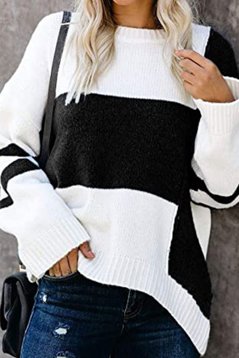 Casual Patchwork Contrast O Neck Tops Sweater(5 Colors)