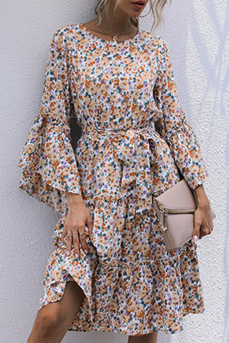 Elegant Floral Split Joint With Belt O Neck A Line Dresses