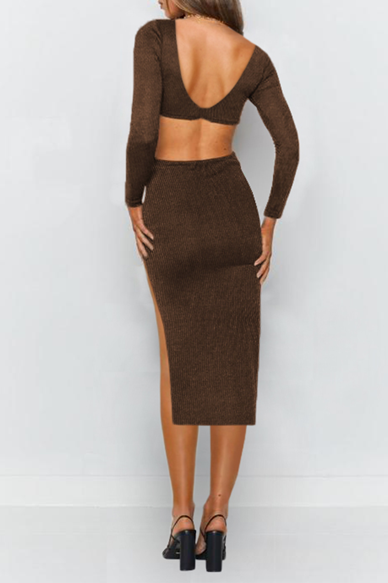 Elegant Solid Hollowed Out Backless Slit V Neck Pencil Skirt Dresses