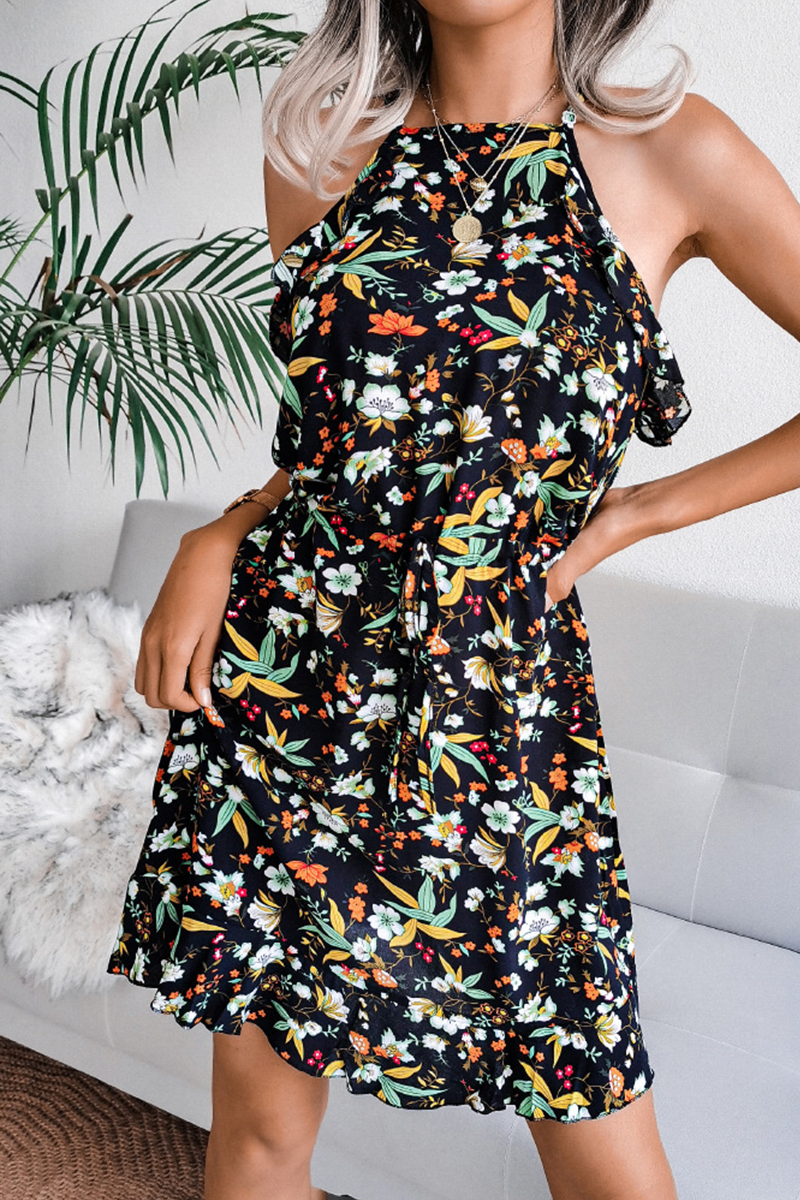 Elegant Floral Frenulum Flounce Halter A Line Dresses