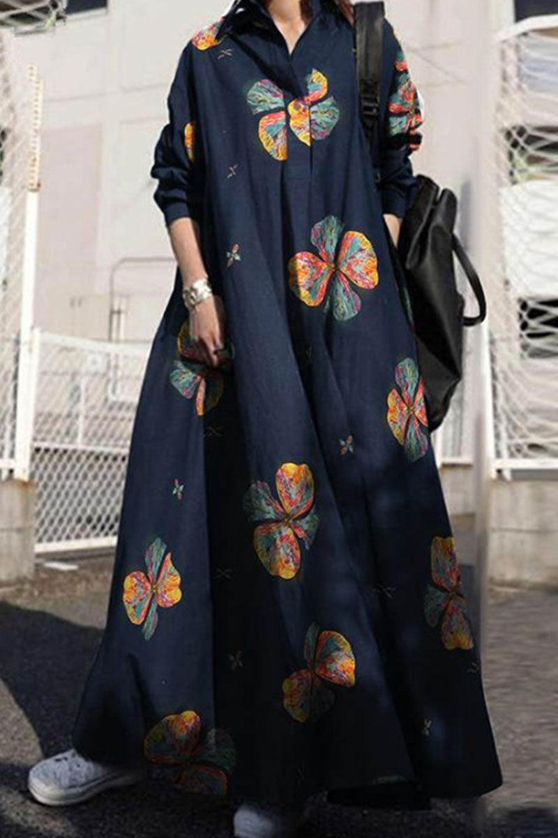 Fashion Vintage Print Patchwork Turndown Collar A Line Dresses(4 Colors)