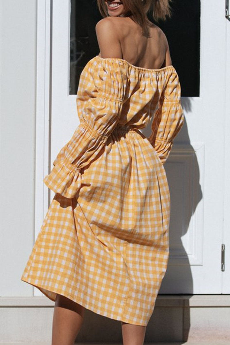 Fashion Street Plaid Split Joint Off the Shoulder Waist Skirt Dresses