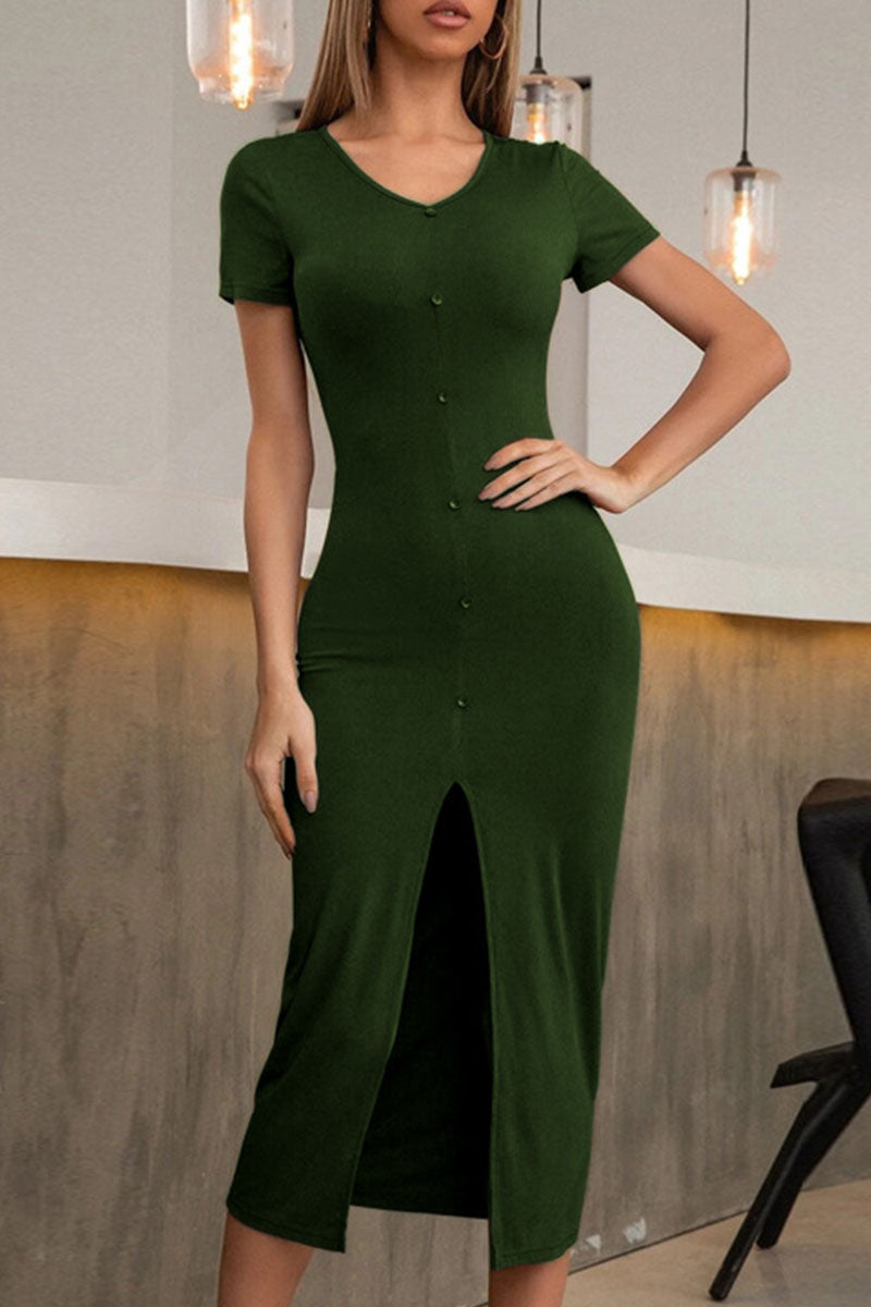 Fashion Casual Solid Slit V Neck Pencil Skirt Dresses