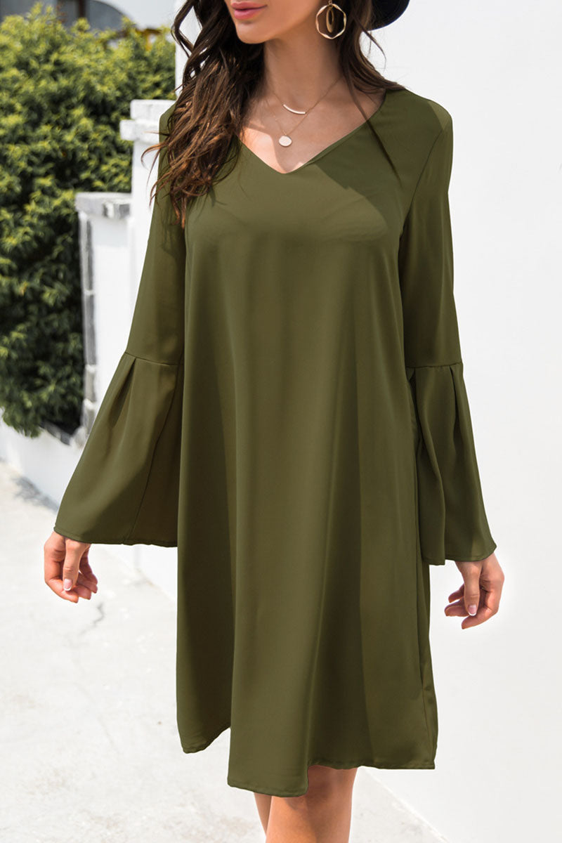 Fashion Casual Solid Patchwork V Neck A Line Dresses（3 colors）