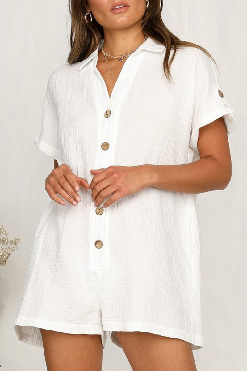 Casual Solid Patchwork Buckle Turndown Collar Straight Rompers