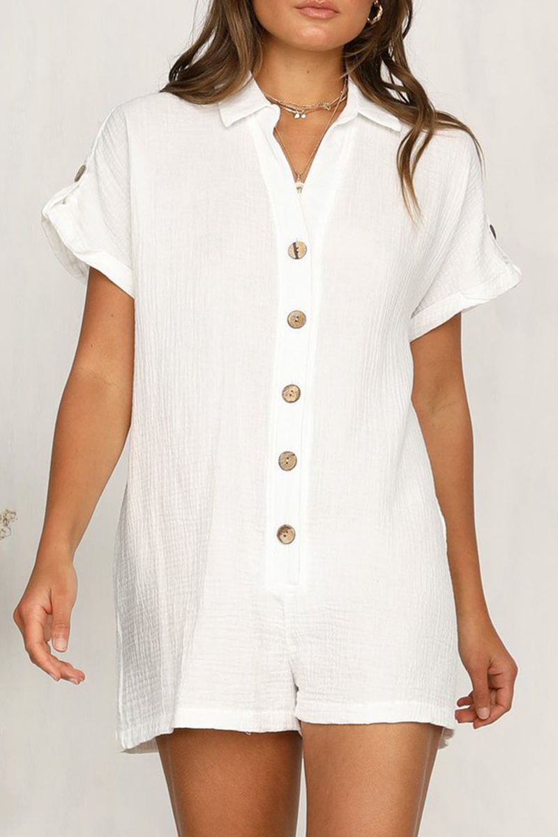 Casual Solid Patchwork Buckle Turndown Collar Straight Rompers