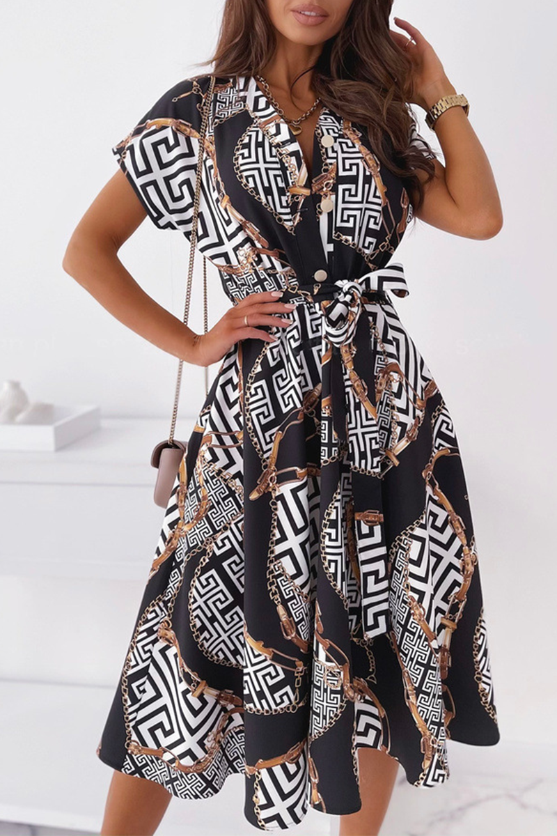 Elegant Print Buckle With Belt V Neck A Line Dresses