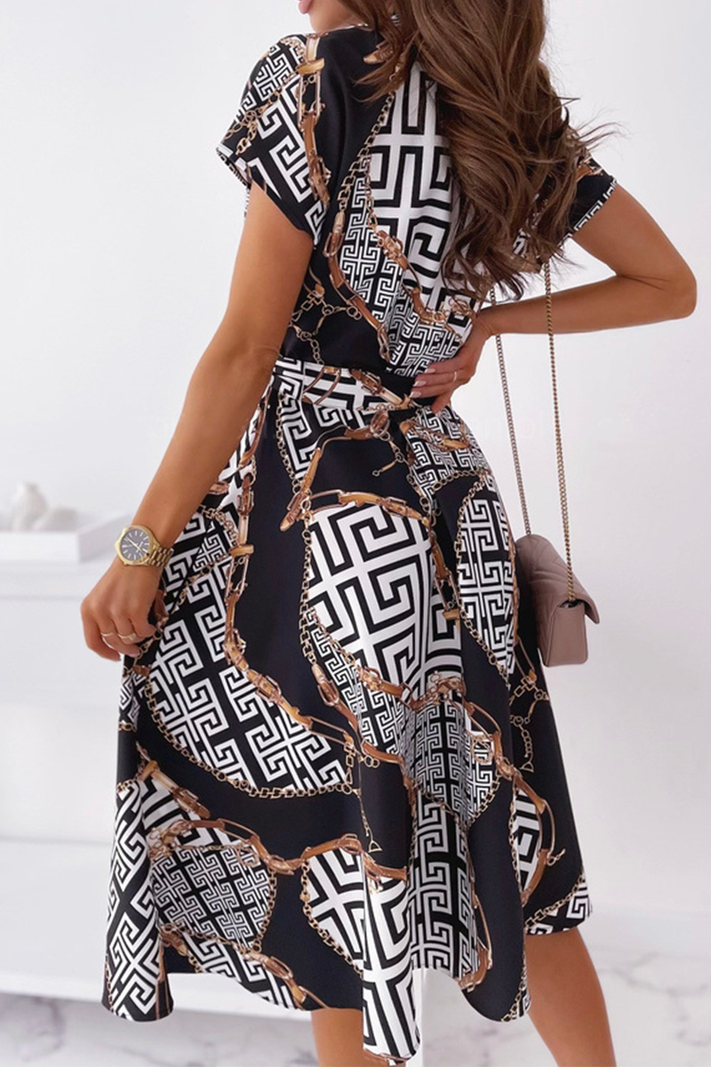 Elegant Print Buckle With Belt V Neck A Line Dresses