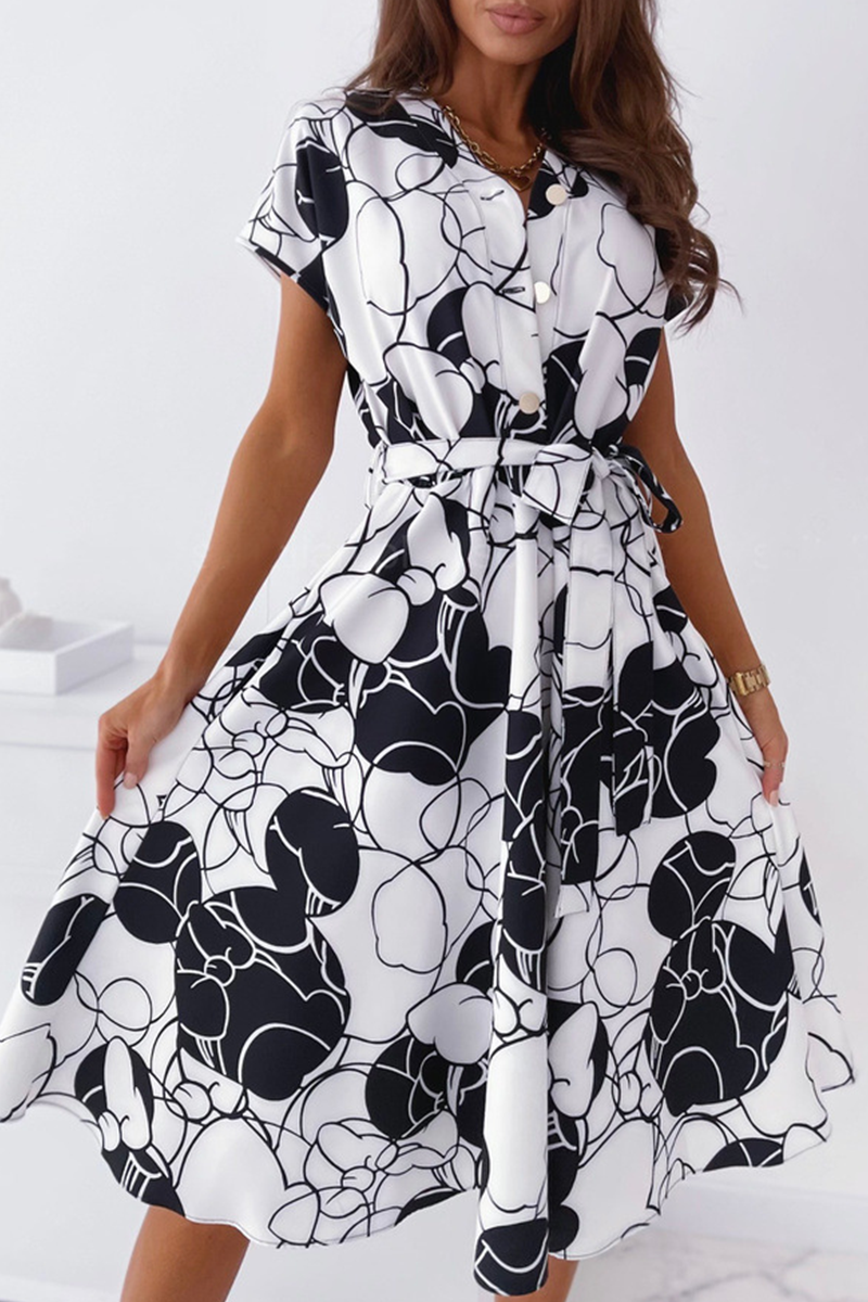 Elegant Print Buckle With Belt V Neck A Line Dresses