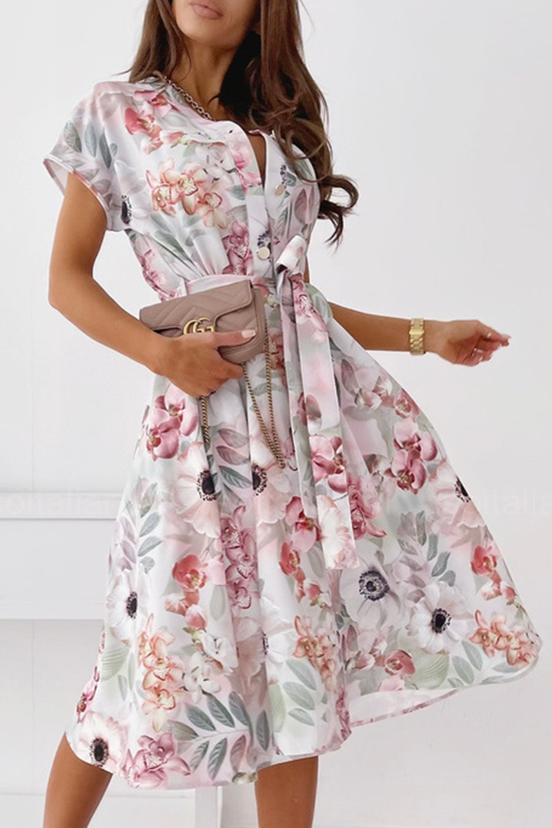 Elegant Print Buckle With Belt V Neck A Line Dresses