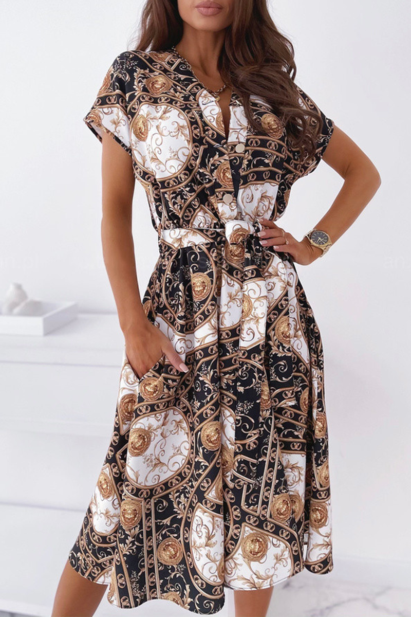 Elegant Print Buckle With Belt V Neck A Line Dresses