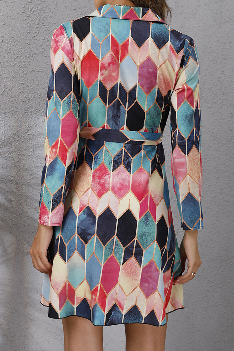 Elegant Geometric Print Buckle With Belt Turndown Collar A Line Dresses