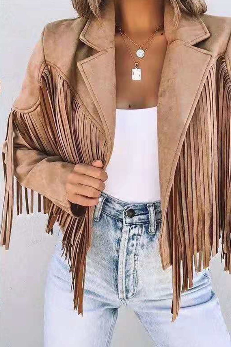 Fashion Street Solid Tassel Patchwork Turndown Collar Outerwear