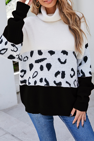 Casual Leopard Patchwork Contrast Turtleneck Sweaters(3 colors)