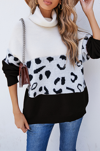 Casual Leopard Patchwork Contrast Turtleneck Sweaters(3 colors)