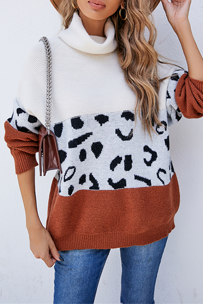 Casual Leopard Patchwork Contrast Turtleneck Sweaters(3 colors)