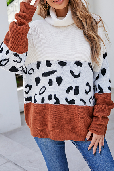 Casual Leopard Patchwork Contrast Turtleneck Sweaters(3 colors)