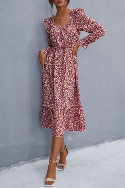 Elegant Floral Split Joint Flounce Square Collar A Line Dresses