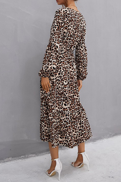 Elegant Leopard Frenulum Buckle A Line Dresses