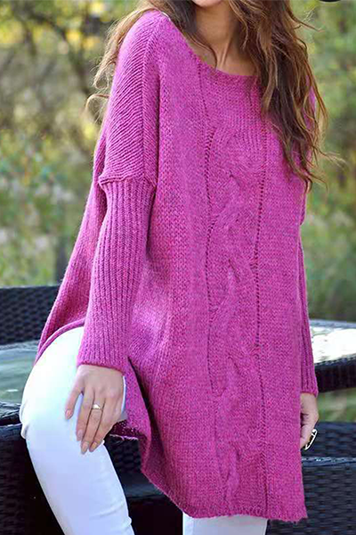 Casual Solid Slit O Neck Tops Sweater