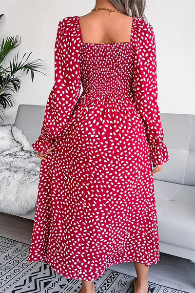 Elegant Print Flounce Fold Square Collar Dresses