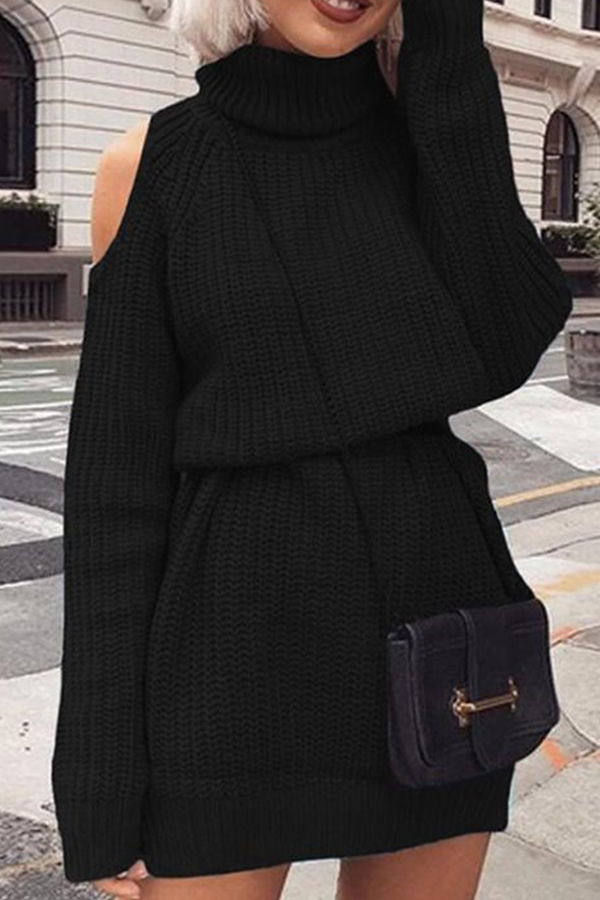 Casual Hollowed Out Patchwork Turtleneck Straight Dresses (Without Belt)