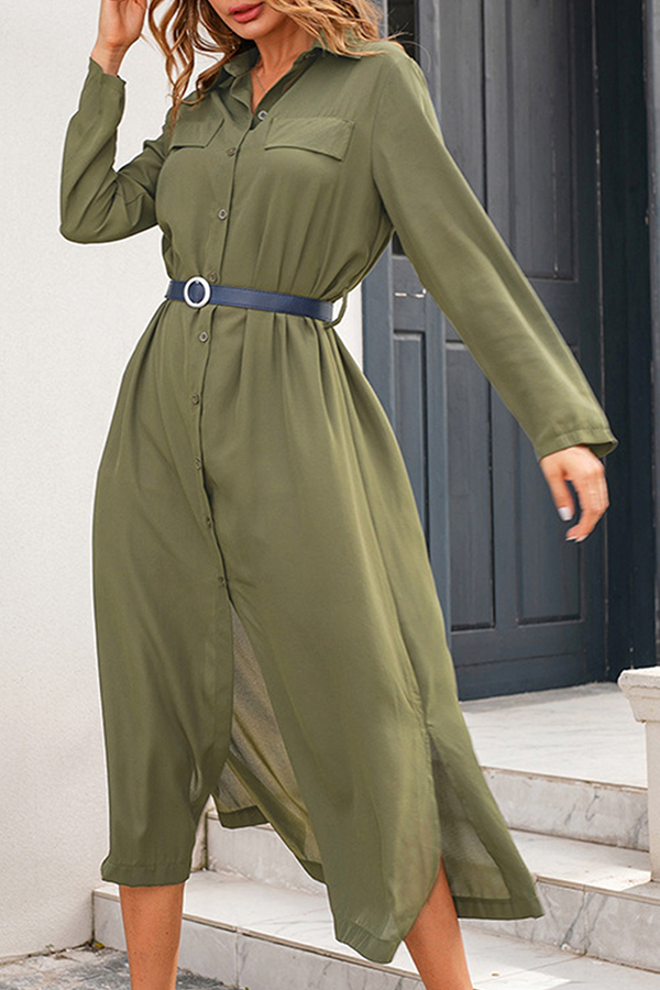 Casual Solid Buckle Slit With Belt Turndown Collar Shirt Dress Dresses