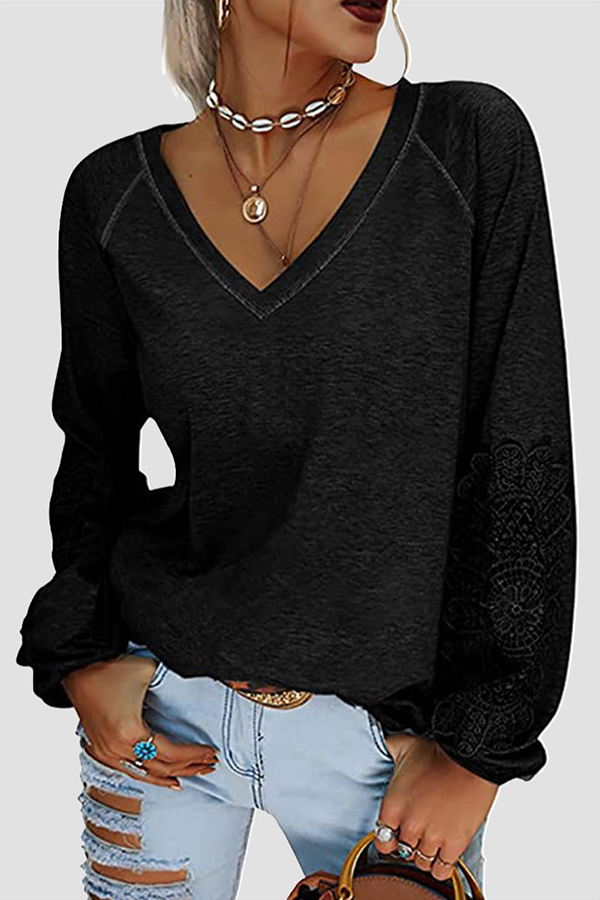 Casual Solid Lace Patchwork V Neck T-Shirts