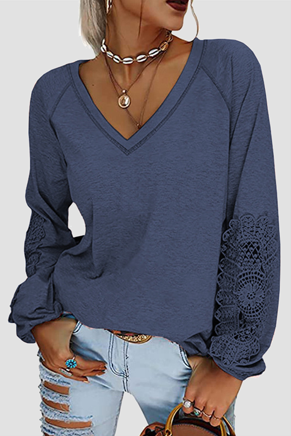 Casual Solid Lace Patchwork V Neck T-Shirts