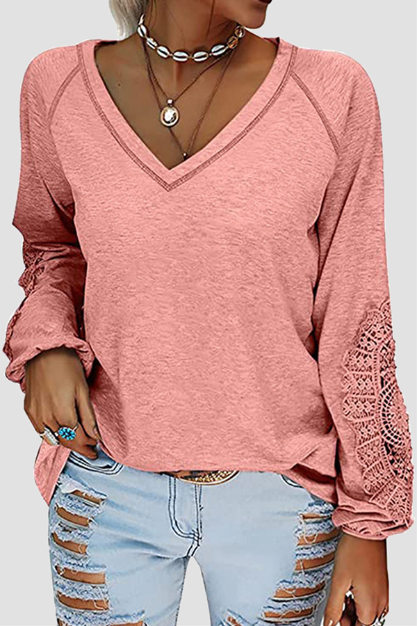 Casual Solid Lace Patchwork V Neck T-Shirts