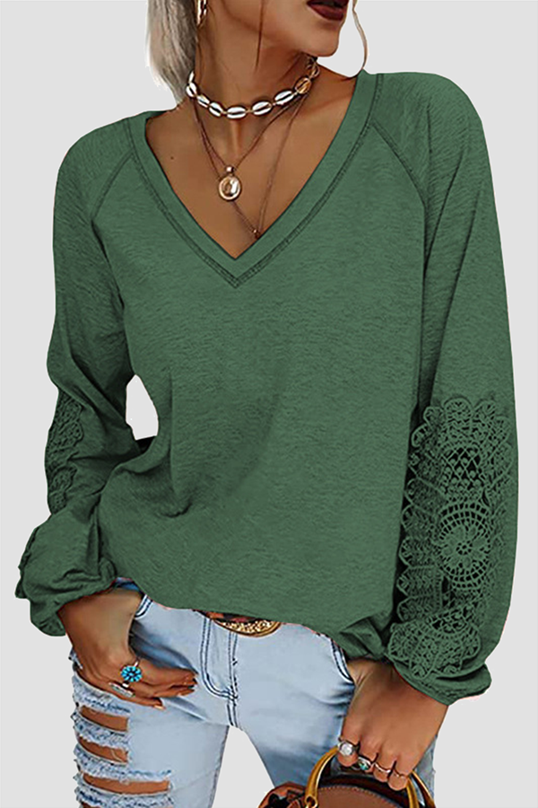 Casual Solid Lace Patchwork V Neck T-Shirts