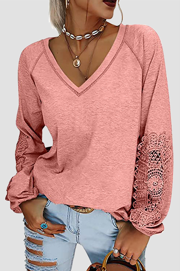 Casual Solid Lace Patchwork V Neck T-Shirts