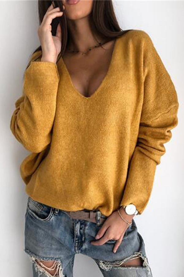 Casual Solid Basic V Neck Tops Sweater(4 Colors)