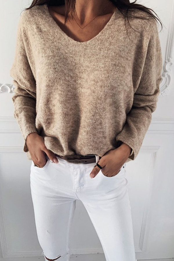 Casual Solid Basic V Neck Tops Sweater(4 Colors)