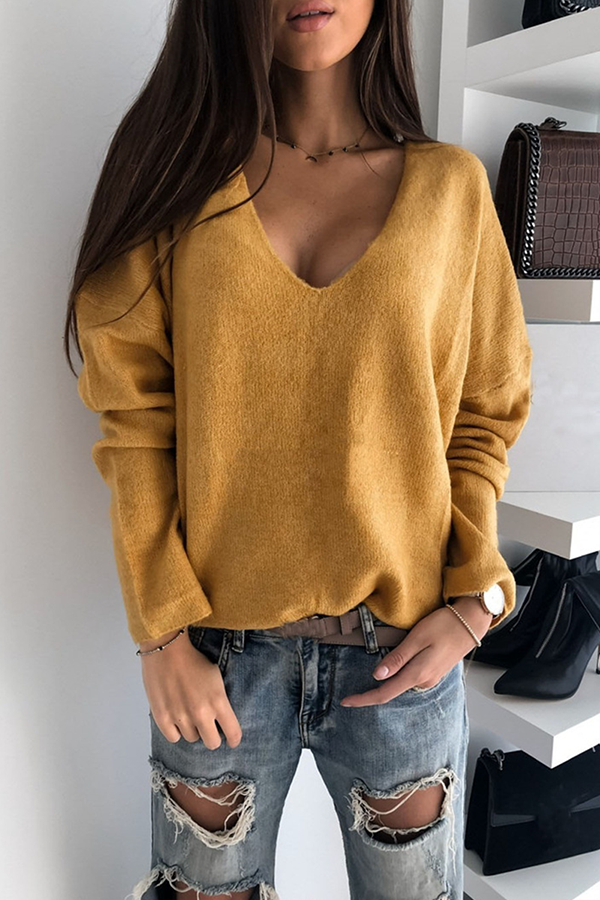 Casual Solid Basic V Neck Tops Sweater(4 Colors)