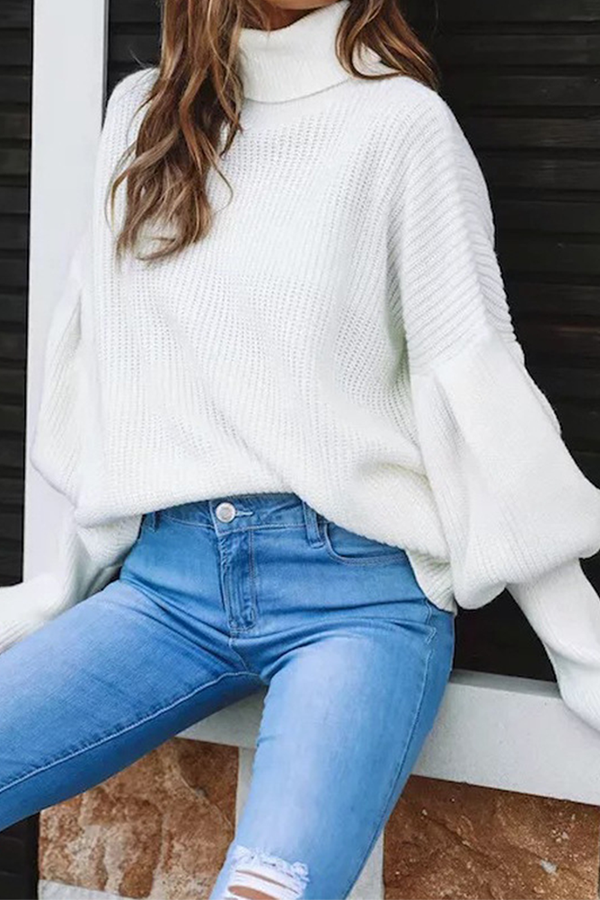 Casual Solid Patchwork Turtleneck Tops Sweater